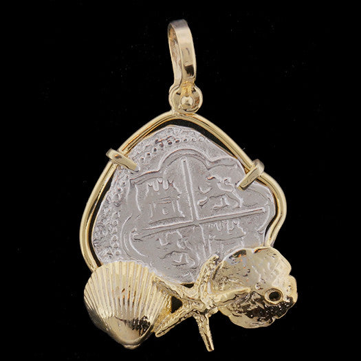 Atocha Jewelry - Medium Odd Shape Silver Coin with Mixed Seashells Pendant Front