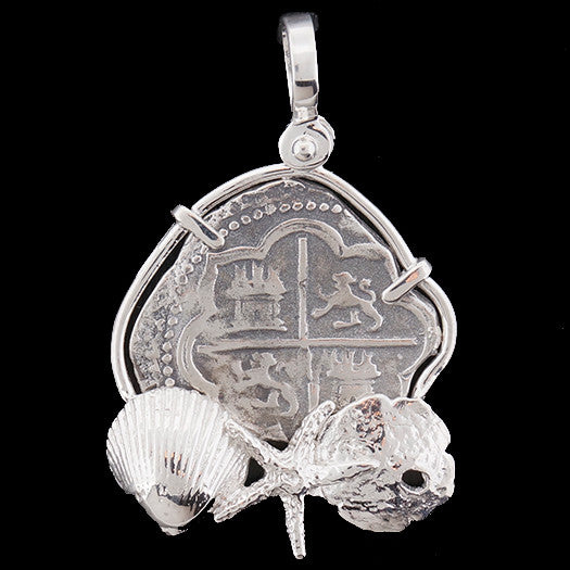 Atocha Jewelry - Medium Odd Shape Silver Coin with Mixed Seashells Pendant - Front