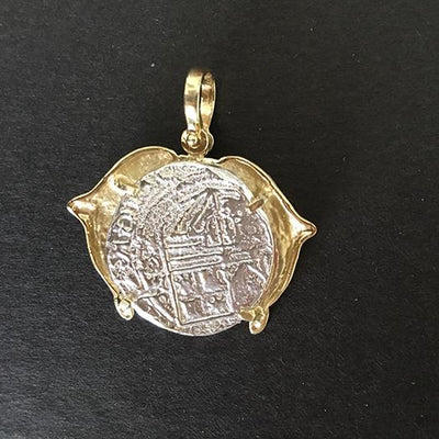 Atocha Jewelry - 2 Reales Silver Coin Pendant w/14K Gold Double Dolphin Frame