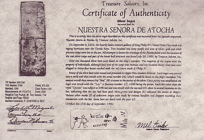 Atocha Certificate of Authenticity