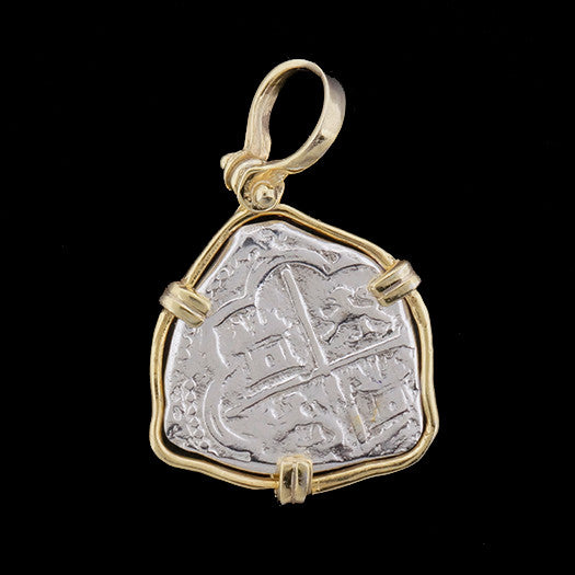 Atocha Jewelry - Tri Shaped Silver Coin Pendant with 14K Gold Frame