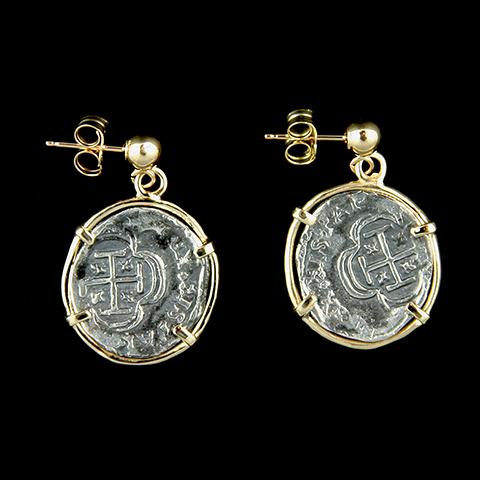 Atocha Jewelry - 1 Reale Silver Coin Earrings with 14K Gold Frame