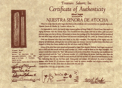 Atocha Certificate of Authenticity Back