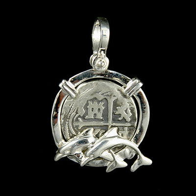 Atocha Jewelry - 2 Reale Silver Coin Dolphin Pendant Front